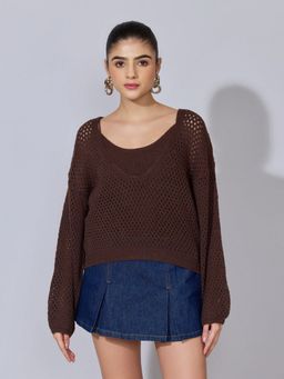 SHOWOFF - Women Crochet Brown Crop Top with Inner