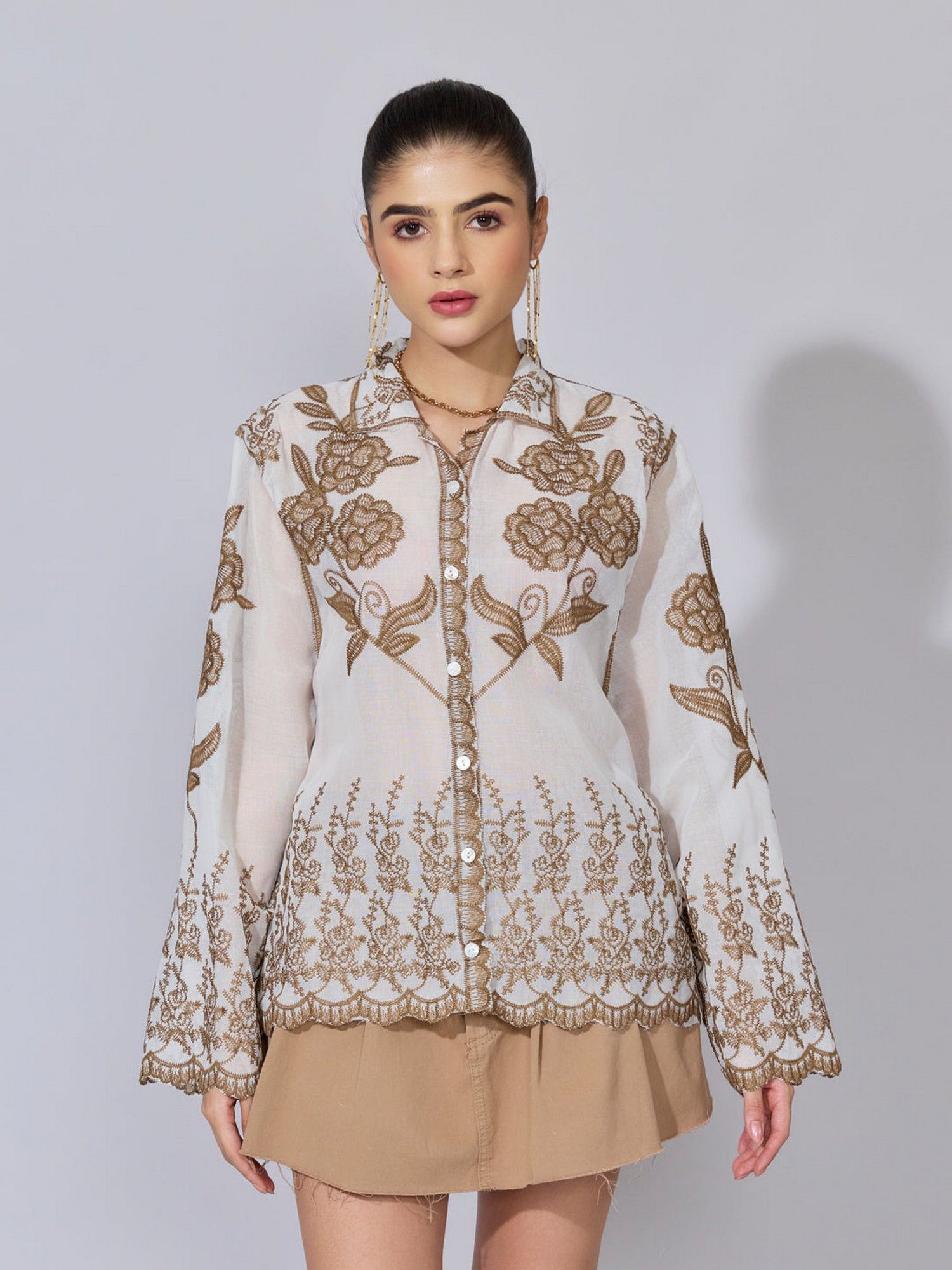 showoffff Women Floral Embroidered Beige Shirt-picture-47
