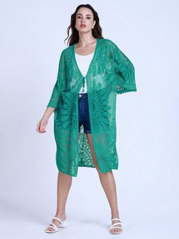 SHOWOFF - Women Floral Embroidered Sheer Green Longline Shrug