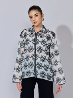 SHOWOFFFF - Women Floral Embroidered Black Sheer Shirt