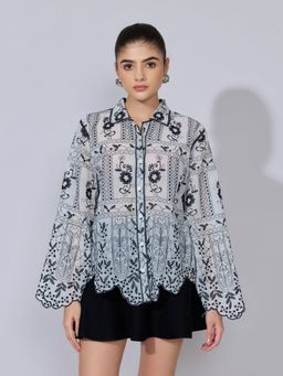 SHOWOFF - Women Floral Embroidered Black White Sheer Shirt