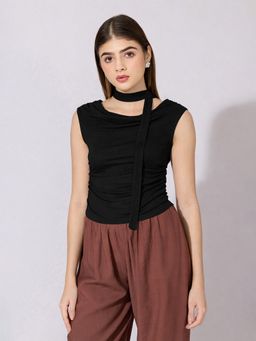 SHOWOFFFF - Women Black Ruched Fitted Top with Tie-Neck