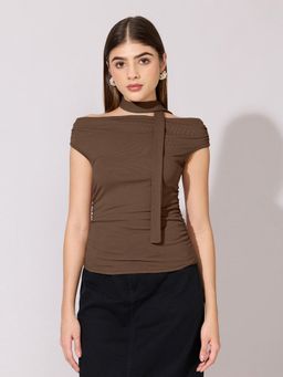 SHOWOFF - Women Brown Ruched Fitted Top with Tie-Neck