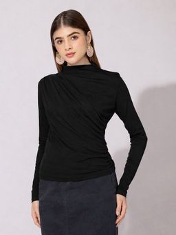 SHOWOFF - Women Black High-Neck Ruched Fitted Top