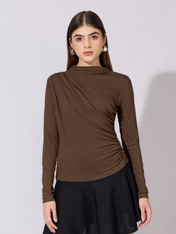 SHOWOFF - Women Brown High-Neck Ruched Fitted Top