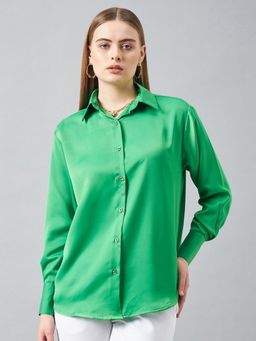 DELAN - Women Green Satin Solid Opaque Party Shirt