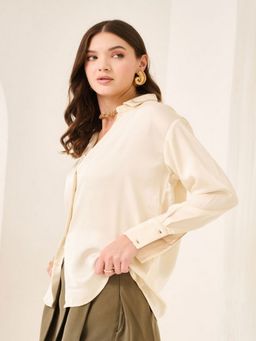 DELAN - Women Off White Satin Solid Opaque Party Shirt
