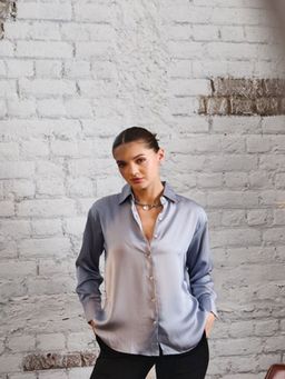 DELAN - Women Grey Satin Solid Opaque Party Shirt