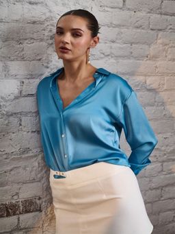 DELAN - Women Blue Satin Solid Opaque Party Shirt