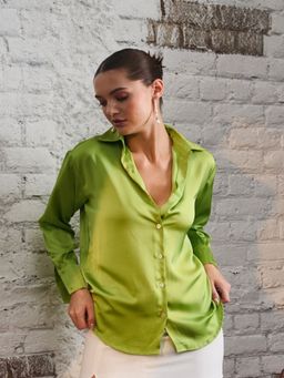 DELAN - Women Green Satin Solid Opaque Party Shirt