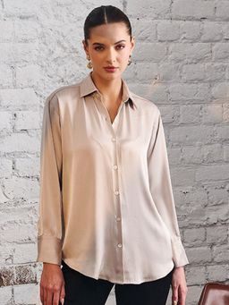 DELAN - Women Beige Satin Solid Opaque Party Shirt