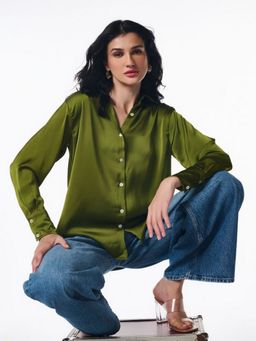 DELAN - Women Olive Satin Solid Opaque Party Shirt