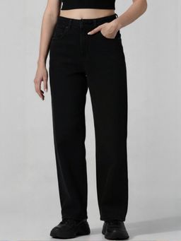 DELAN - Women Black Satin Solid Straight Jeans