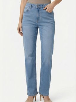 DELAN - Women Navy Blue Satin Solid Straight Jeans