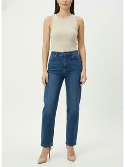 DELAN - Women Blue Satin Solid Straight Jeans