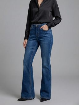 DELAN - Women Navy Blue Satin Solid Bootcut Jeans