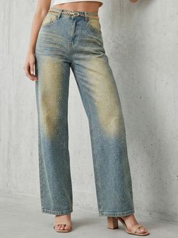 DELAN - Women Aqua Satin Solid Wide Jeans