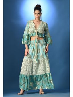 ANNY - Women Blue Cotton Embellished Top with Skirt