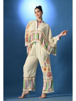 ANNY - Women Cream Cotton Embroidered Kaftan with Pant
