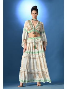 ANNY - Women Off White Cotton Embellished Top with Skirt