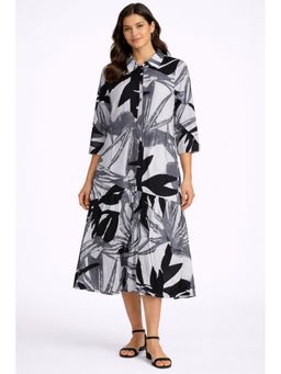 NOBARR - Women Black Viscose Abstract Shirt Midi Dress
