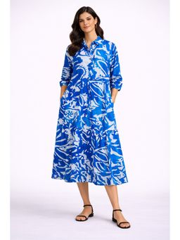 NOBARR - Women Blue Viscose Abstract Shirt Midi Dress