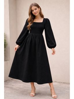 NOBARR - Women Black Cotton Solid A-Line Midi Dress