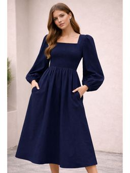 NOBARR - Women Blue Cotton Solid A-Line Midi Dress