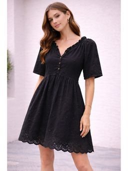 NOBARR - Women Black Cotton Embroidered A-Line Mini Dress