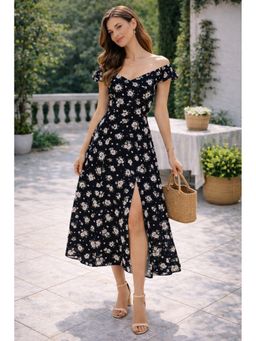 NOBARR - Women Black Rayon Floral Flared Midi Dress
