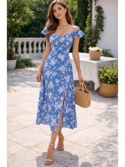 NOBARR - Women Blue Rayon Floral Flared Midi Dress