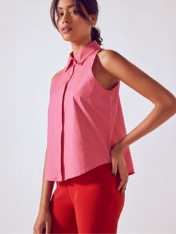 The Label Life - Women Rose Pink Pin Collar Sleeveless Formal Shirt