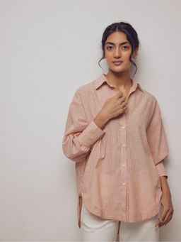The Label Life - Women Rust Apricot Striped Oversized Shirt