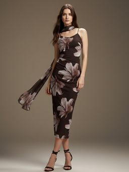 Outzidr - Women Brown Polyester Floral Bodycon Midi Dress with Scarf