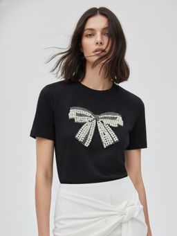 Outzidr - Black Embellished Large Bow T-Shirt