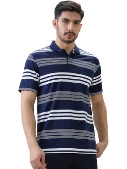 ColorPlus - Navy Blue Comfort Fit Striped Polo T-Shirt