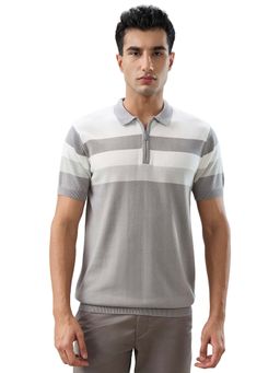 ColorPlus - Grey Regular Fit Striped Polo T-Shirt