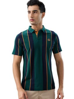 Raymond - Dark Green Regular Fit Striped Polo T-Shirt