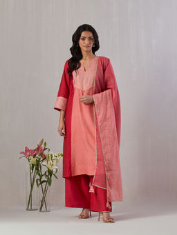 GRASS & SUNSHINE - Coral Red Chanderi Straight Kurta with Palazzo and Dupatta (Set of 3)