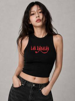 MIXT by Nykaa Fashion - Womens Black Ribbed Sleeveless Graphic Crop Top