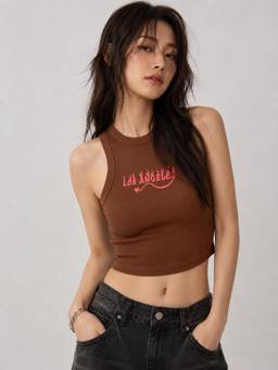 MIXT by Nykaa Fashion - Womens Camel Brown Sleeveless Graphic Ribbed Crop Top