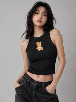 MIXT by Nykaa Fashion - Womens Black Graphic Print Sleeveless Ribbed Crop Top