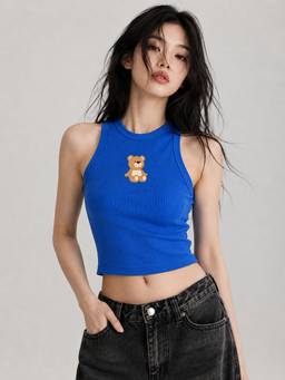 MIXT by Nykaa Fashion - Womens Bear Print Sleeveless Fit Blue Ribbed Crop Top