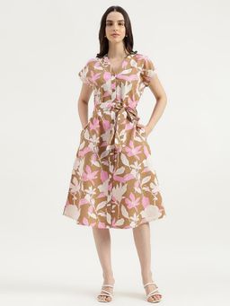 United Colors of Benetton - Beige Floral Cotton Linen Dress With Belt