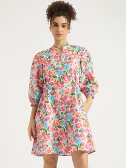 United Colors of Benetton - Pink Regular Fit Mandarin Collar Floral Dress