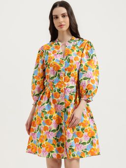 United Colors of Benetton - Yellow Regular Fit Mandarin Collar Floral Dress