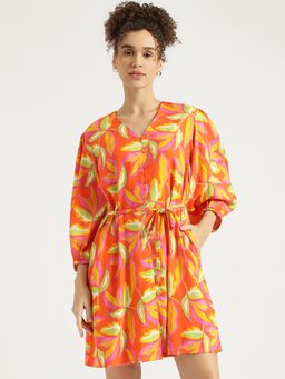 United Colors of Benetton - Orange Regular Fit V-Neck Floral Print Dress with Belt