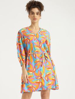 United Colors of Benetton - Blue Regular Fit V-Neck Floral Print Dress with Belt