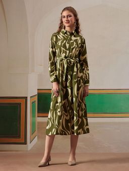 FITHUB - Olive Women Abstract Print Shirt Midi Dress With Belt