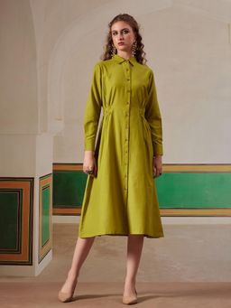 FITHUB - Olive Modern Shirt Collar Midi Dress With Gathered Waist